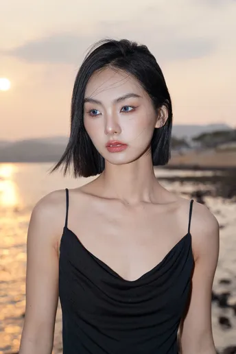 一位穿着黑色连衣裙站在海滩附近的女性肖像