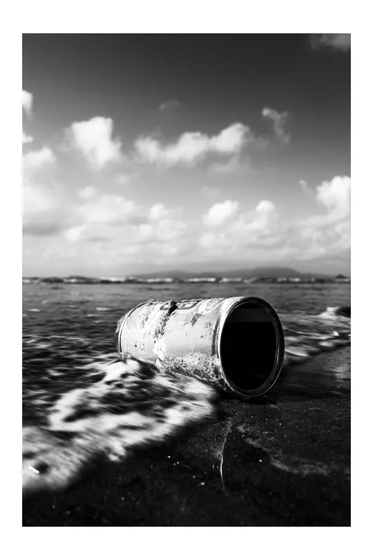 a black and white of a barrel on the shore of the 