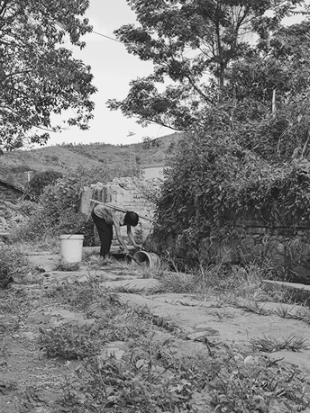 一个老人和女人在田里打水。