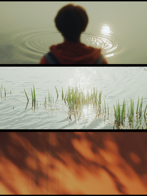 一个小男孩站在湖中的水中的一个分裂图像