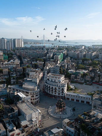 一座有许多建筑和鸟儿在空中飞翔的城市