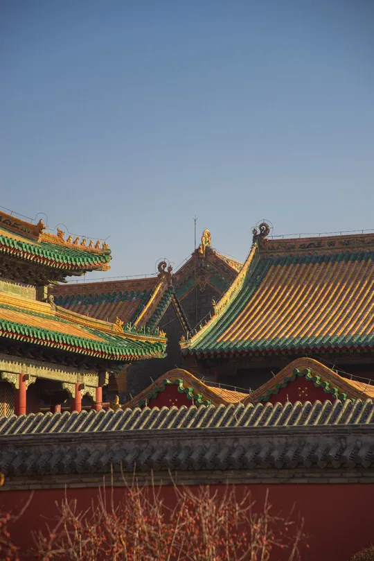 紫禁城的一座寺庙的红墙和屋顶