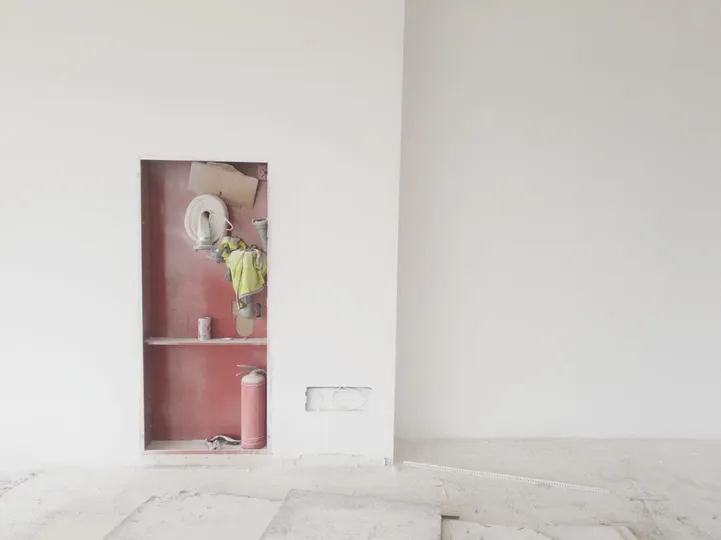 空房间 白墙 红门 花瓶中有一株植物