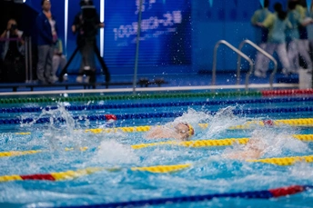 游泳池中游泳的人的近景