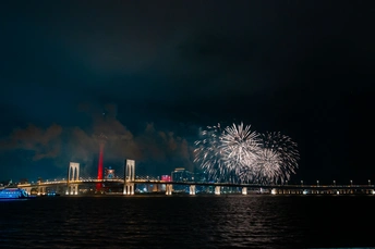 夜晚的城市 背景是一座桥 天空中放着烟花