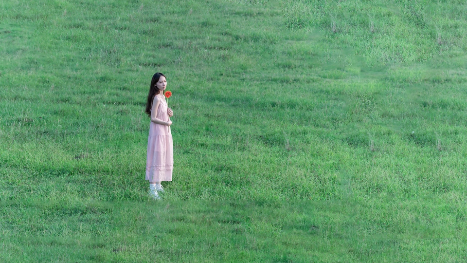 一位穿着粉红色裙子的年轻女子站在草地上 手里拿着风筝。