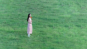 一位穿着粉红色裙子的年轻女子站在草地上 手里拿着风筝。