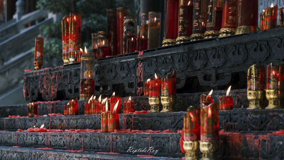 寺庙台阶上的一排红色雨伞