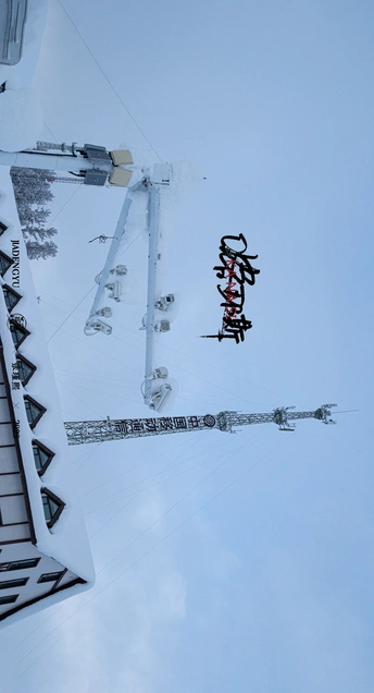 雪中一栋建筑上挂着的一根杆子上的一个标志