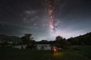 夜晚在星空下站在湖边的一个男人