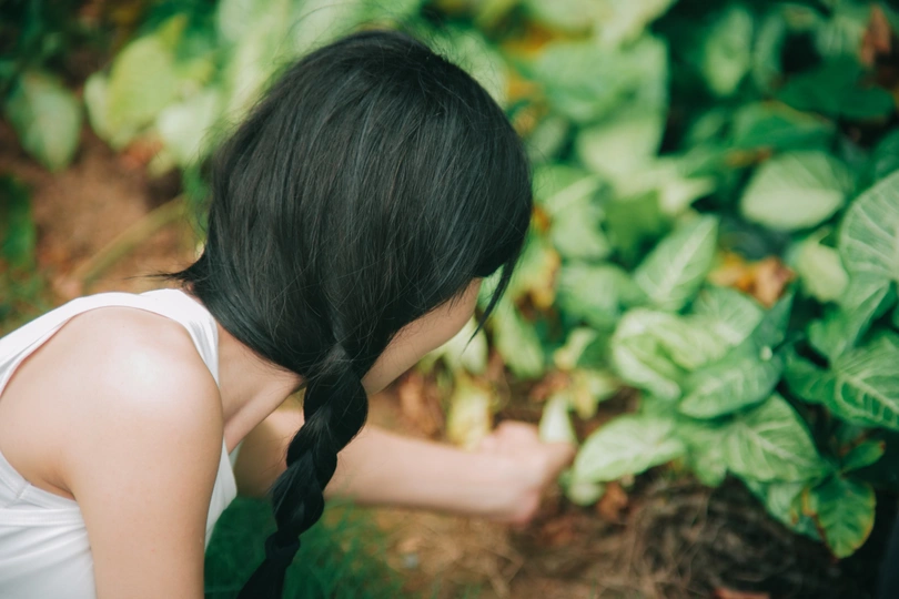 一位白发的年轻女子把手伸向一株绿色植物