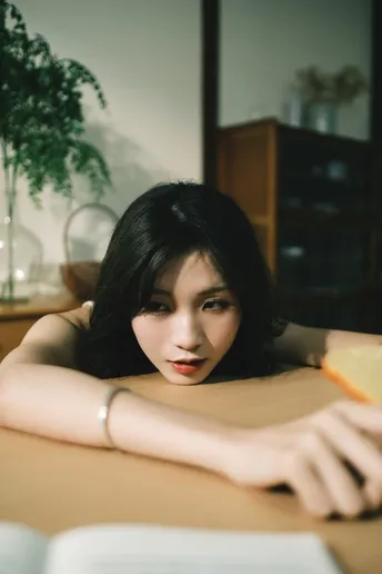 一个年轻女子坐在桌子旁看书 手里拿着一块三明治 书则横放在桌子上。