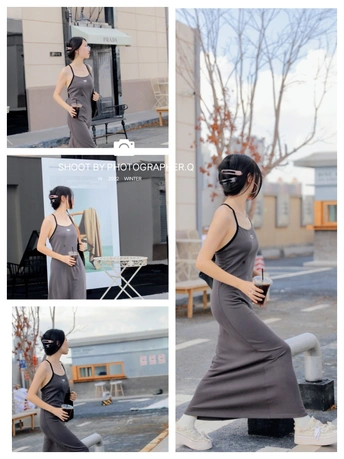 一个女人穿着连衣裙 戴着摩托车头盔