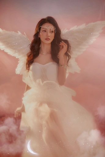 一位年轻女子在天空中扮演一位长着白色翅膀的天使的数字艺术