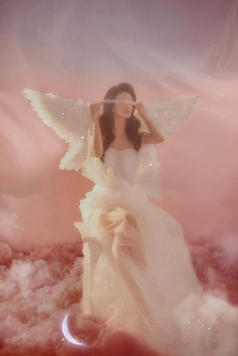 一个穿着白色连衣裙的美丽女人 带着月亮在天空中飞翔