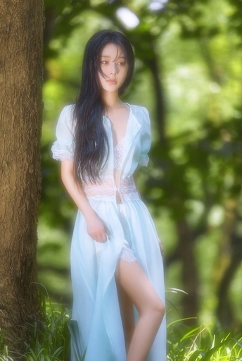 一个穿着白色连衣裙的年轻女子站在森林里