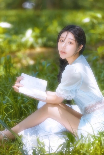 一个穿着白色连衣裙的年轻女子坐在草地上看书