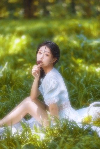 一个穿着白色连衣裙的年轻女子坐在绿色的田野里