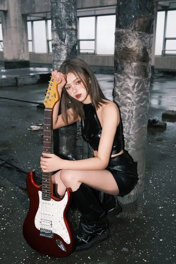 一个坐在地上抱着吉他的美丽年轻女子