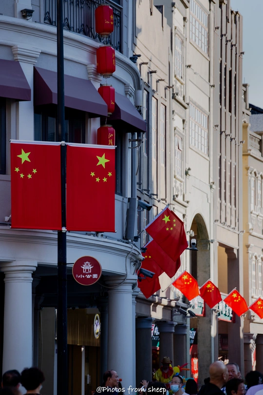 挂着红旗的一排建筑物