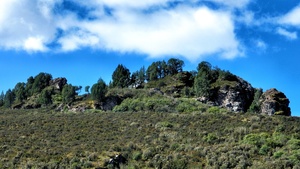 山坡上的岩石和树木在蓝天下的风景