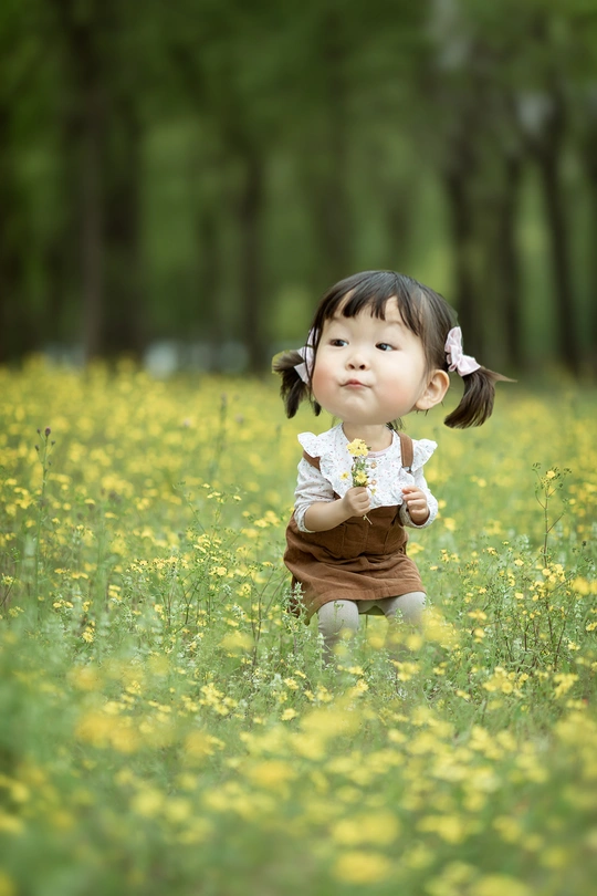 一个小女孩站在一片黄花的草地上