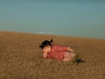 一个年轻女孩坐在麦田里 草地上躺着一只小风筝。