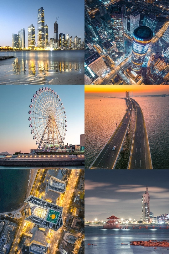 一个包括夜景城市和摩天轮的拼贴画