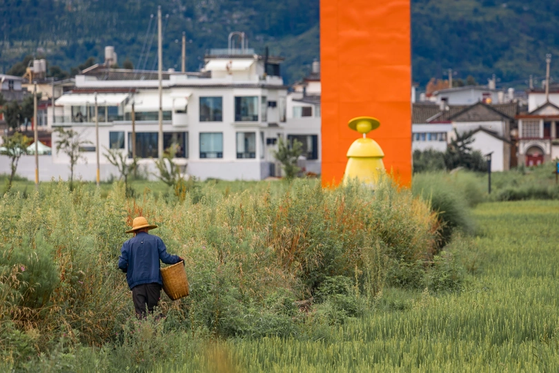一个人穿过大片草地 置身于一个广阔的田野中。