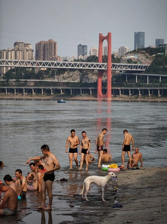 一个人群和一只狗在有桥的湖泊附近的沙滩上