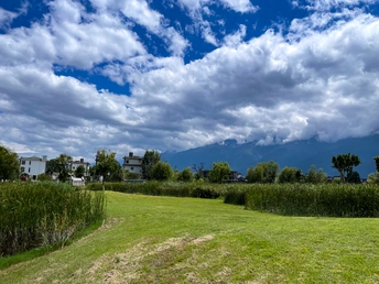 一片绿色的草地 背景中有房屋和山脉。