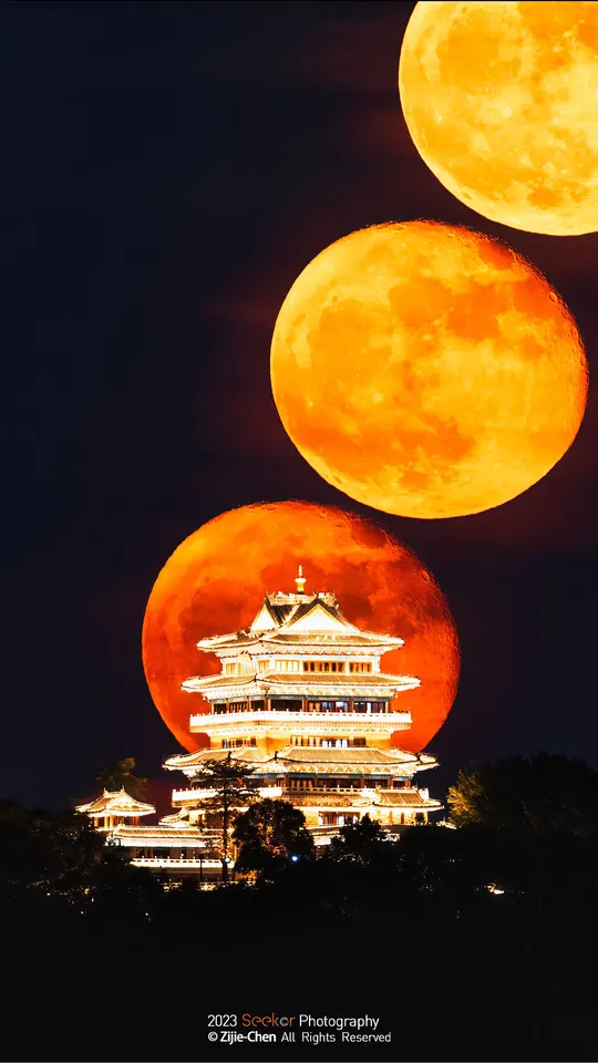 在满月之夜 满月升起在日本城堡上。