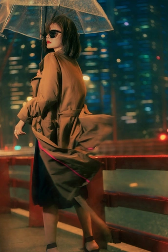 一位穿着风衣和太阳镜 手持透明雨伞在雨中桥上行走的女人
