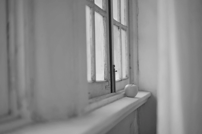 黑白窗户台上的一个苹果