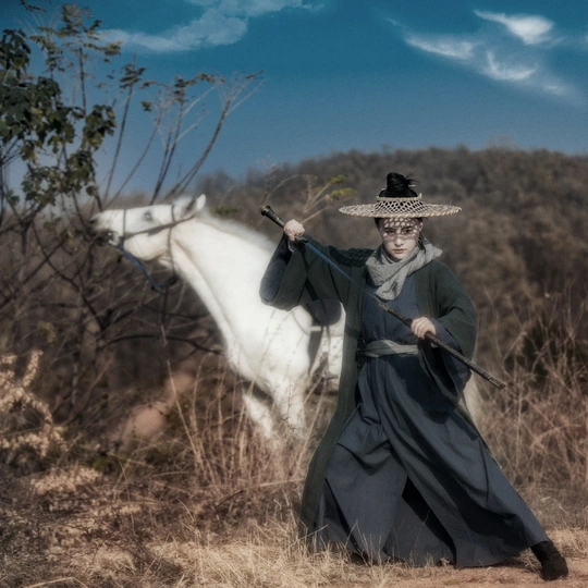 一位穿着黑色连衣裙的女士 手持一顶帽子 站在一匹白马旁边。