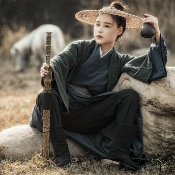 一位身着传统艺妓服装的女性 手持竹笛在田野中。