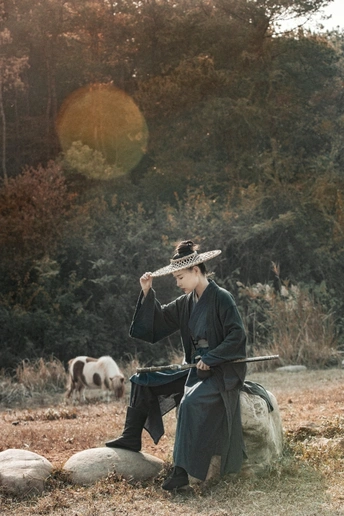 一个戴帽子坐在岩石上的女人 周围有动物的田野。