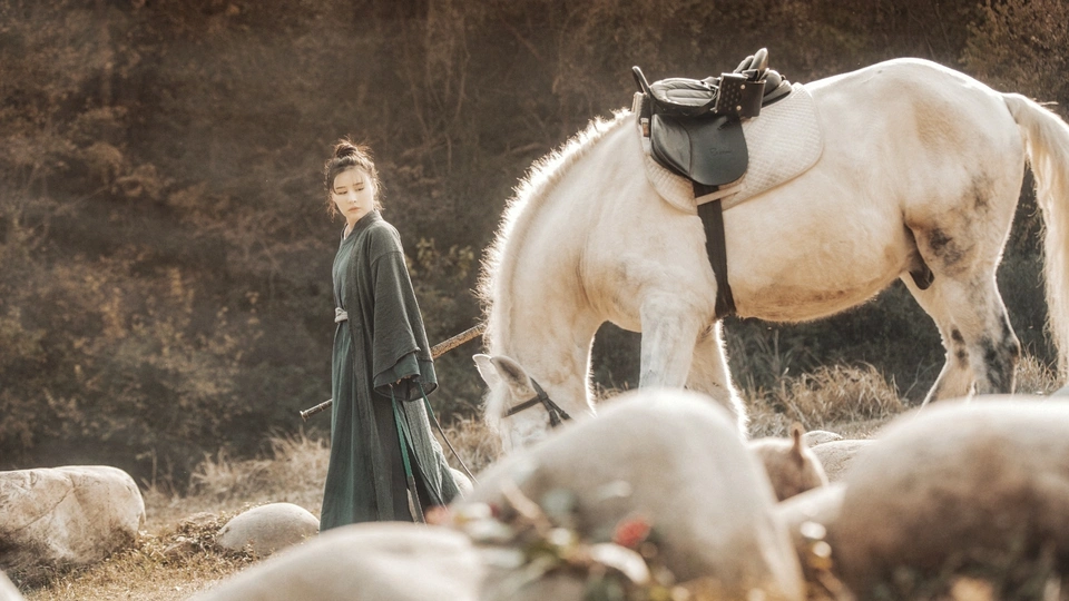 站在一只白马旁边的羊群中的女人