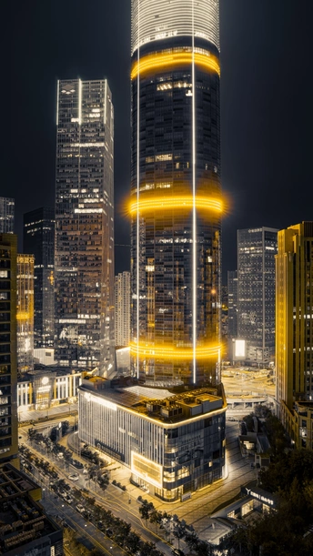 夜晚一座高高的塔楼被点亮的城市