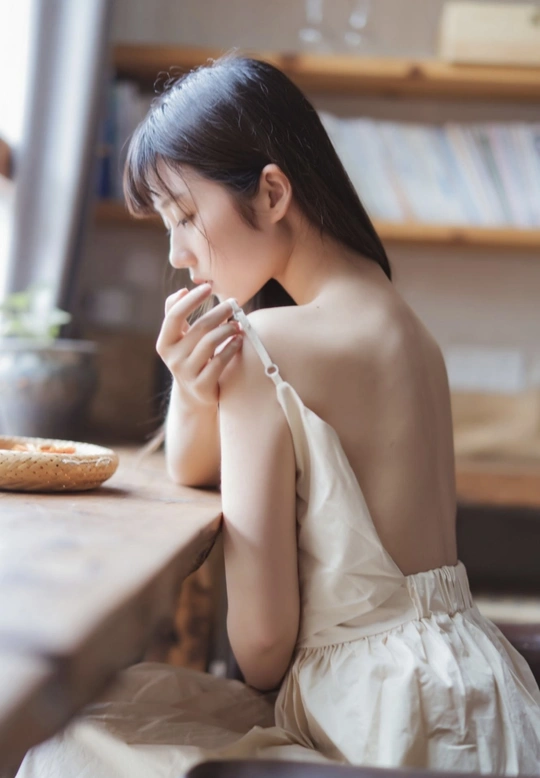 一个穿着白色连衣裙的年轻女子坐在桌子旁