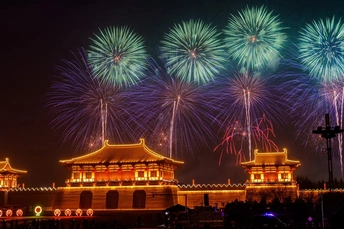 夜晚天空中烟花绽放 城市熠熠生辉。