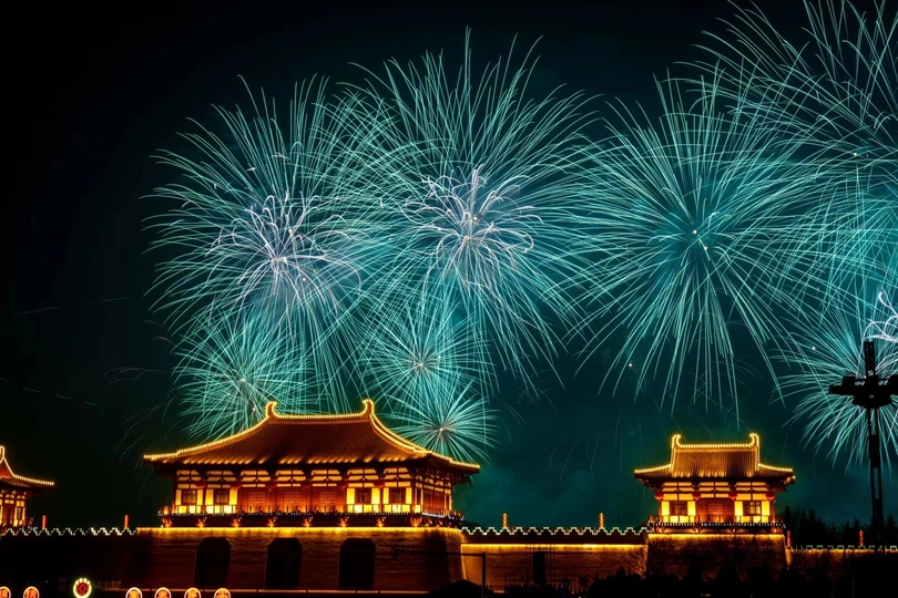 夜晚天空中烟花绽放 城市熠熠生辉。