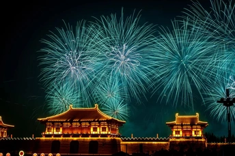 夜晚天空中烟花绽放 城市熠熠生辉。