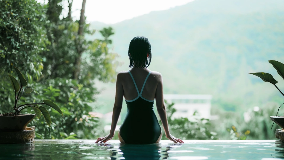 一个年轻女子站在游泳池的水中