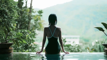 一个年轻女子站在游泳池的水中