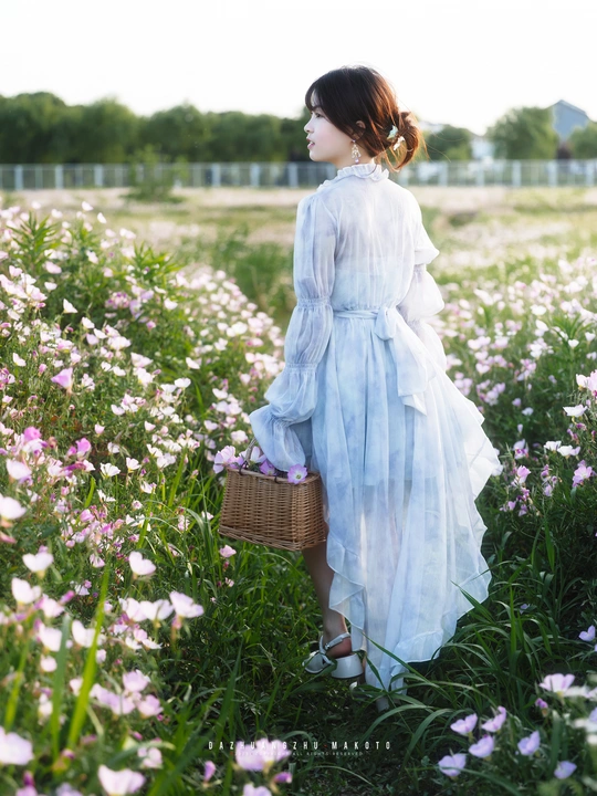 一位穿着白色连衣裙的美女 手里拿着篮子 穿过一片花田。