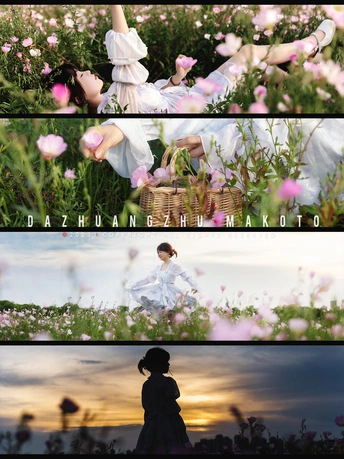 一位穿着白裙子的女人 带着篮子 在花丛和草地上的一张照片的分裂部分。