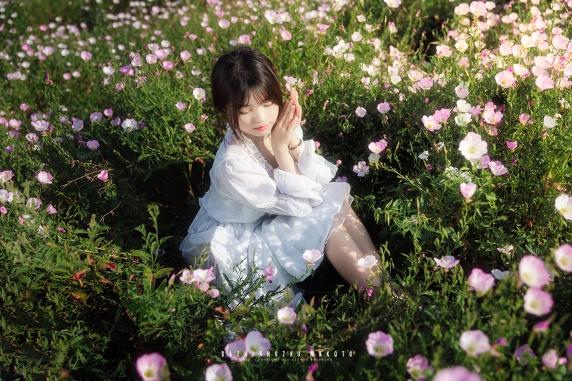 一个小女孩穿着白色裙子坐在花丛中