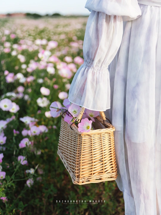 一个穿着白色连衣裙的女人抱着一篮花