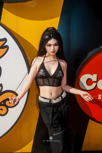 一位穿着黑色比基尼的女性站在冲浪板上